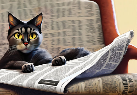 the cat would be depicted sitting with newspaperの素材