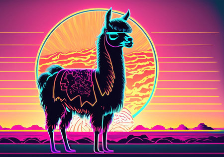 Llama in front of the sunset, vaporwave style, neon styleの素材