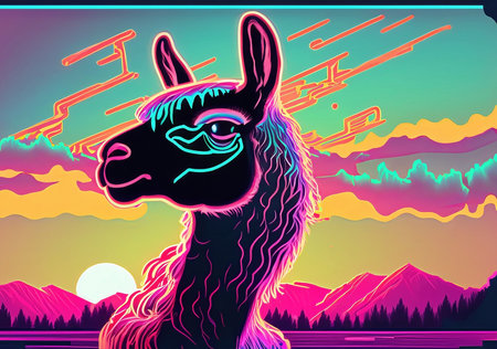 Llama in front of the sunset, vaporwave style, neon styleの素材