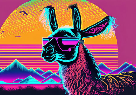 Llama in front of the sunset, vaporwave style, neon styleの素材