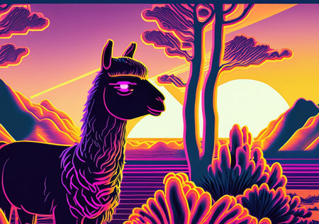 Llama in front of the sunset, vaporwave style, neon styleの素材