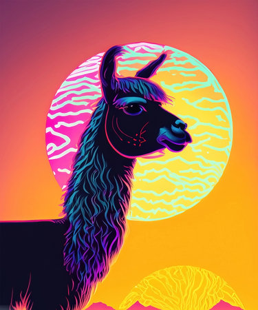Llama in front of the sunset, vaporwave style, neon styleの素材