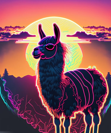 Llama in front of the sunset, vaporwave style, neon styleの素材