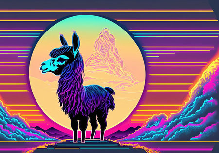 Llama in front of the sunset, vaporwave style, neon styleの素材