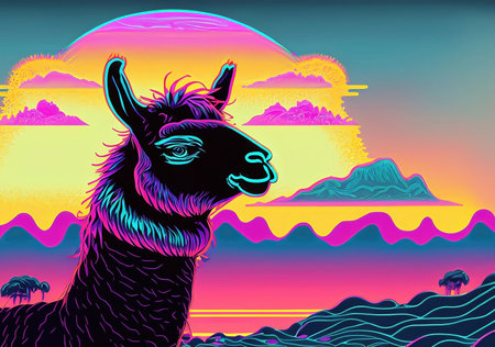 Llama in front of the sunset, vaporwave style, neon styleの素材