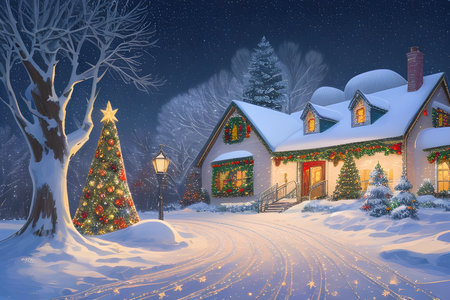 landscape with Christmas trees and colorful skyの素材