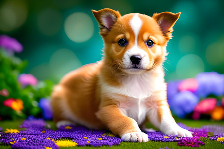 cute puppy dog with flowerbedの素材