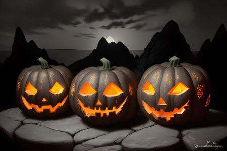 the pumpkins carved with intricate and spooky designsの素材