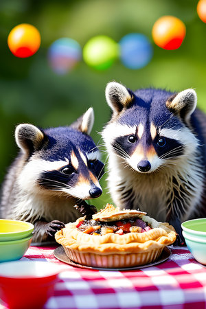 watercolor painting that captures the charm of a raccoon pie eatingの素材
