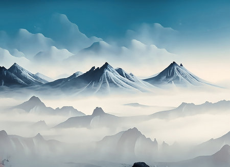 high white hilltops and mountains covered in fogの素材