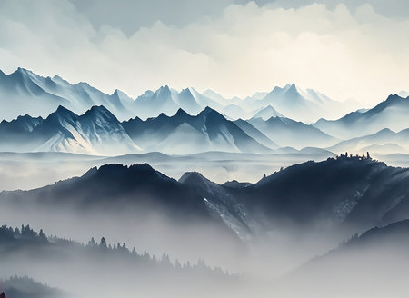 high white hilltops and mountains covered in fogの素材