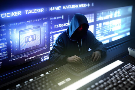 a depicting a hacker in action typing furiously on a computer keyboardの素材