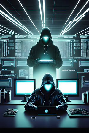 a depicting a hacker in action typing furiously on a computer keyboardの素材