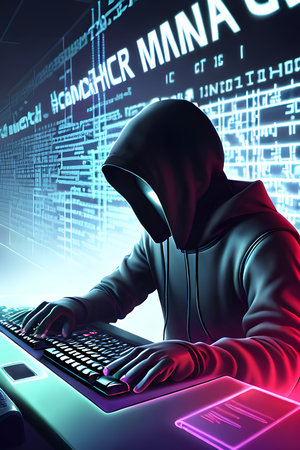 a depicting a hacker in action typing furiously on a computer keyboardの素材