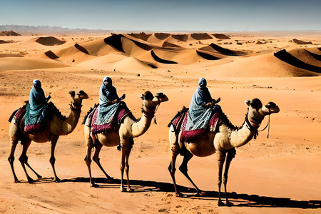 graphic design of a camel caravan in the desertの素材