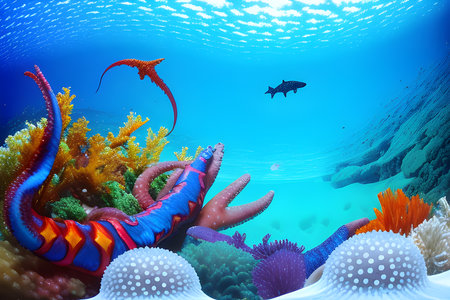 sea with shimmering colorful fish starfish squid and white sandの素材