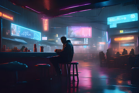the city where neon lights and digital billboards illuminate the rain soaked streetsの素材