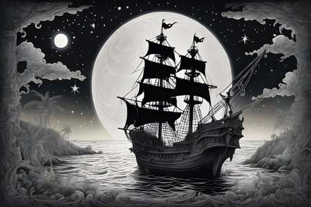the Sailing Ship Illustration with full moonの素材