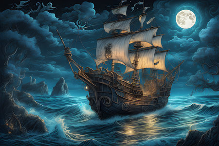 the Sailing Ship Illustration with full moonの素材
