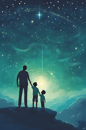 a heartwarming illustration a father and his little boy share a beautiful dream of reachingの素材
