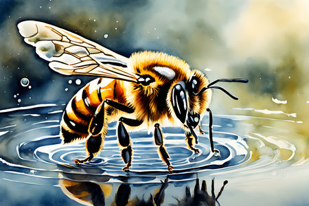 a watercolor painting of a honeybee delicately perched on the surfaceの素材