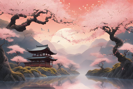 a Japanese Painting Of Pink Blossoms Near Waterの素材