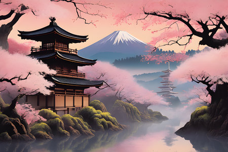 a Japanese Painting Of Pink Blossoms Near Waterの素材