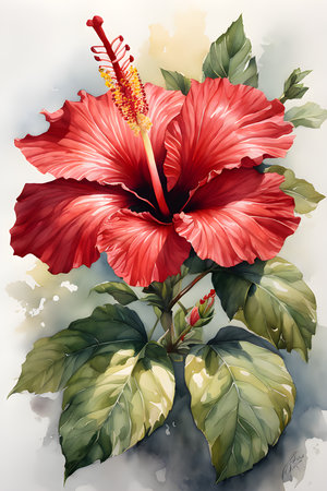 a red hibiscus watercolor trending on attestation sharpの素材