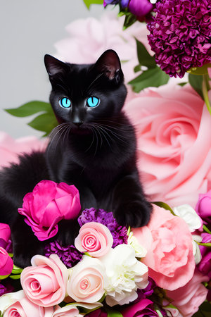 a Portrait of a black cat with pink backgroundの素材