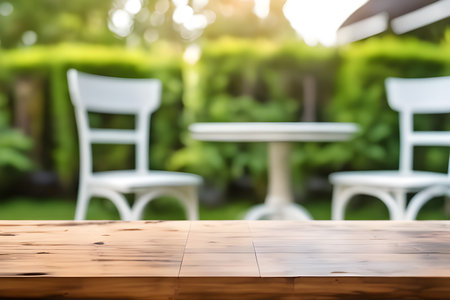 wooden table stands ,a white chair with blurred gardenの素材