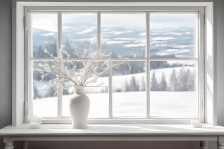 a tall white window is adorned with a delicate vaseの素材