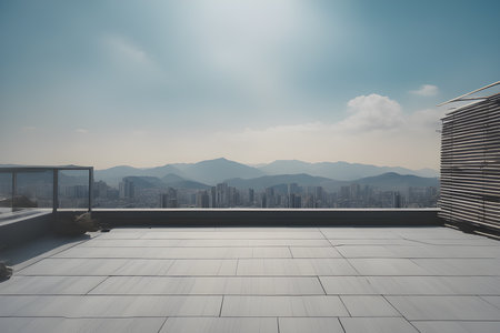 a floor roof space with city scape and mountainsの素材