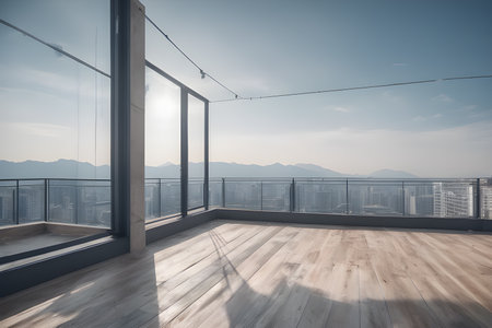 a floor roof space with city scape and mountainsの素材
