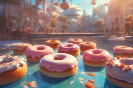Colorful donuts on the background of the city. Digital painting.の素材