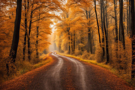 Beautiful autumn landscape with a road through the forest in the morningの素材