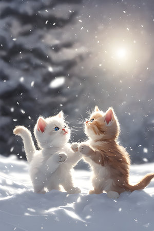 draw kittens playing in the white snowの素材