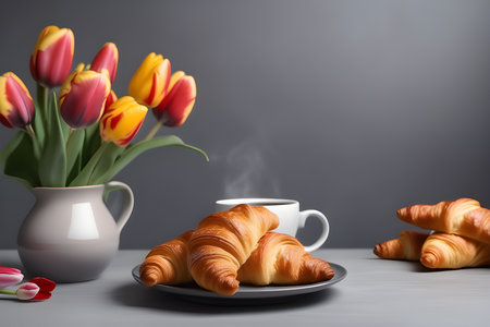 cup of coffee with croissant and tulips on grey table with grey backgroundの素材