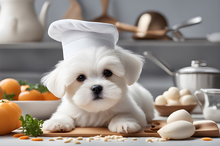 a white pretty small maltese puppy cooking hat cooking at the tableの素材