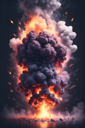 Fiery explosion releasing smoke and intense heat. No people.の素材