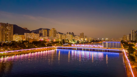 Dec 24 2023 Shing Mun River with Christmas decoration at Shatinのeditorial素材