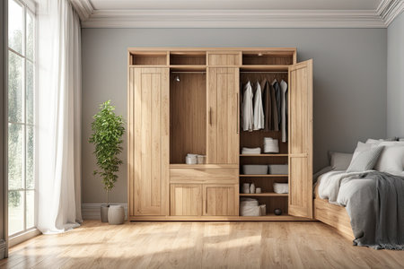 Minimalist bedroom with wooden furniture in a modern homeの素材