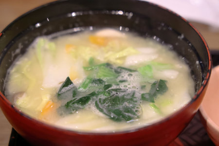 Traditional Japanese cuisine. Bowl of noodle soup with rice.の写真素材