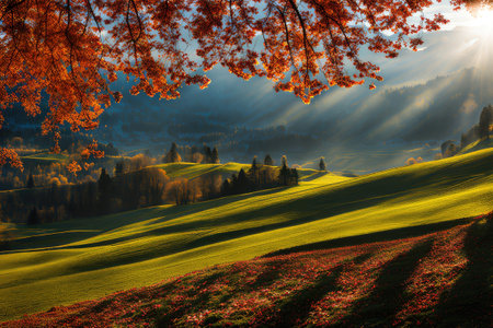 Autumn Landscape with Golden Sunlight and Vibrant Leavesの素材