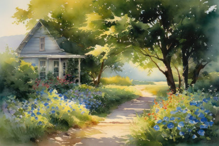 a public park with green, Trees in park in springtimeの素材