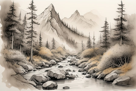 a Monochrome forest with sketch of coniferous tree and mountain.の素材
