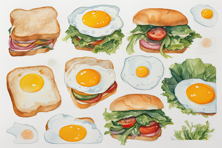 a Set of watercolor sandwiches with meat, eggs, fish and vegetables.の素材