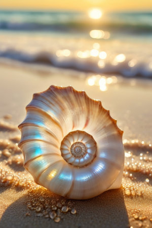 a Sea shell on beach in the sunriseの素材