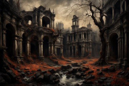 a house in the spooky forest, halloween concept, AI generatedの素材