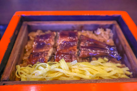 Broiled Eel on Rice, Served in Lacquered Boxの写真素材