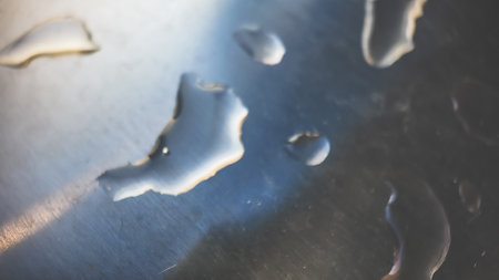 raindrops on metal handrails or iron railings.の写真素材